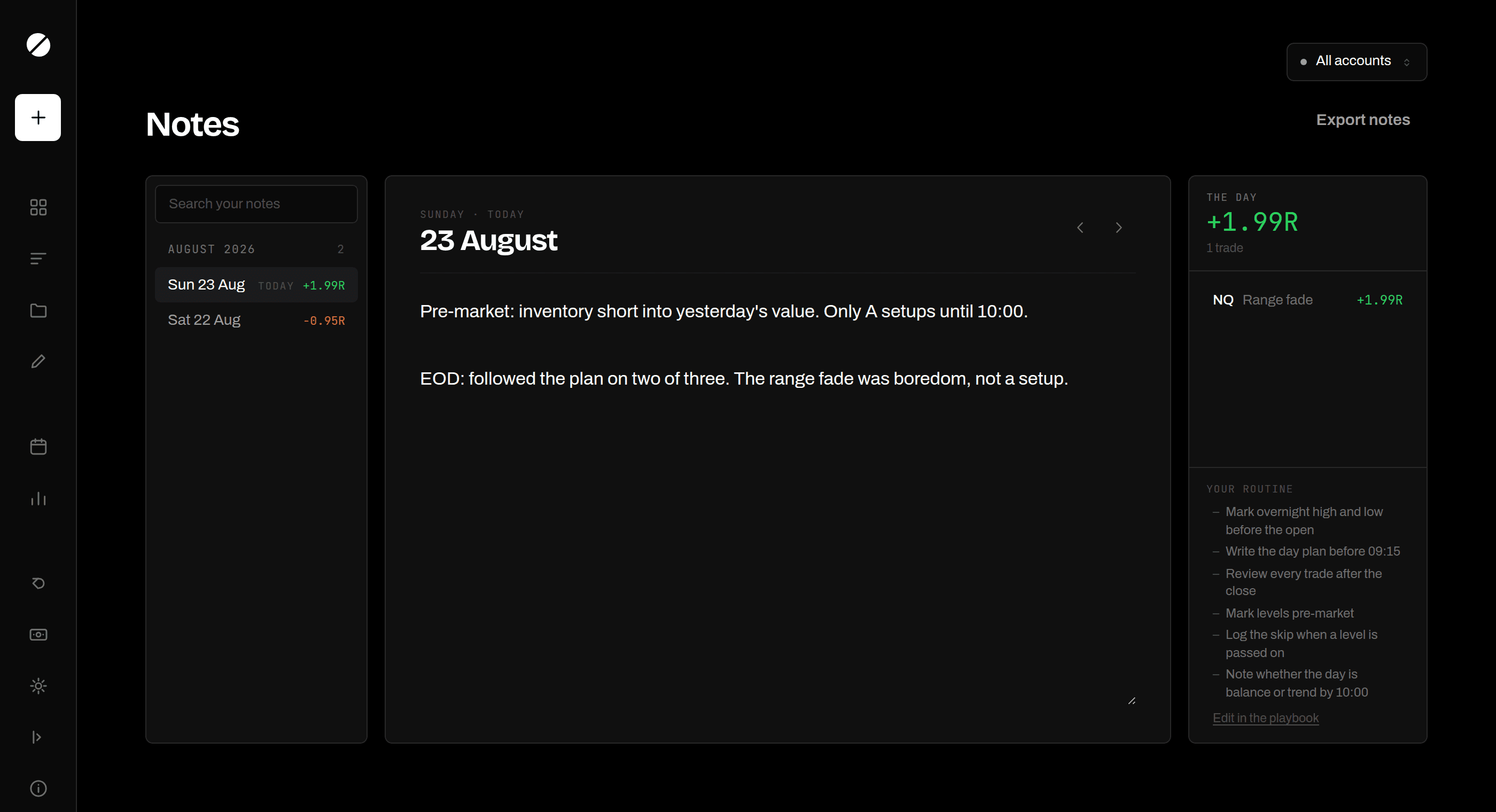 The notes tab: a free page for the day, saved as you type, with the days that carry one marked on the calendar