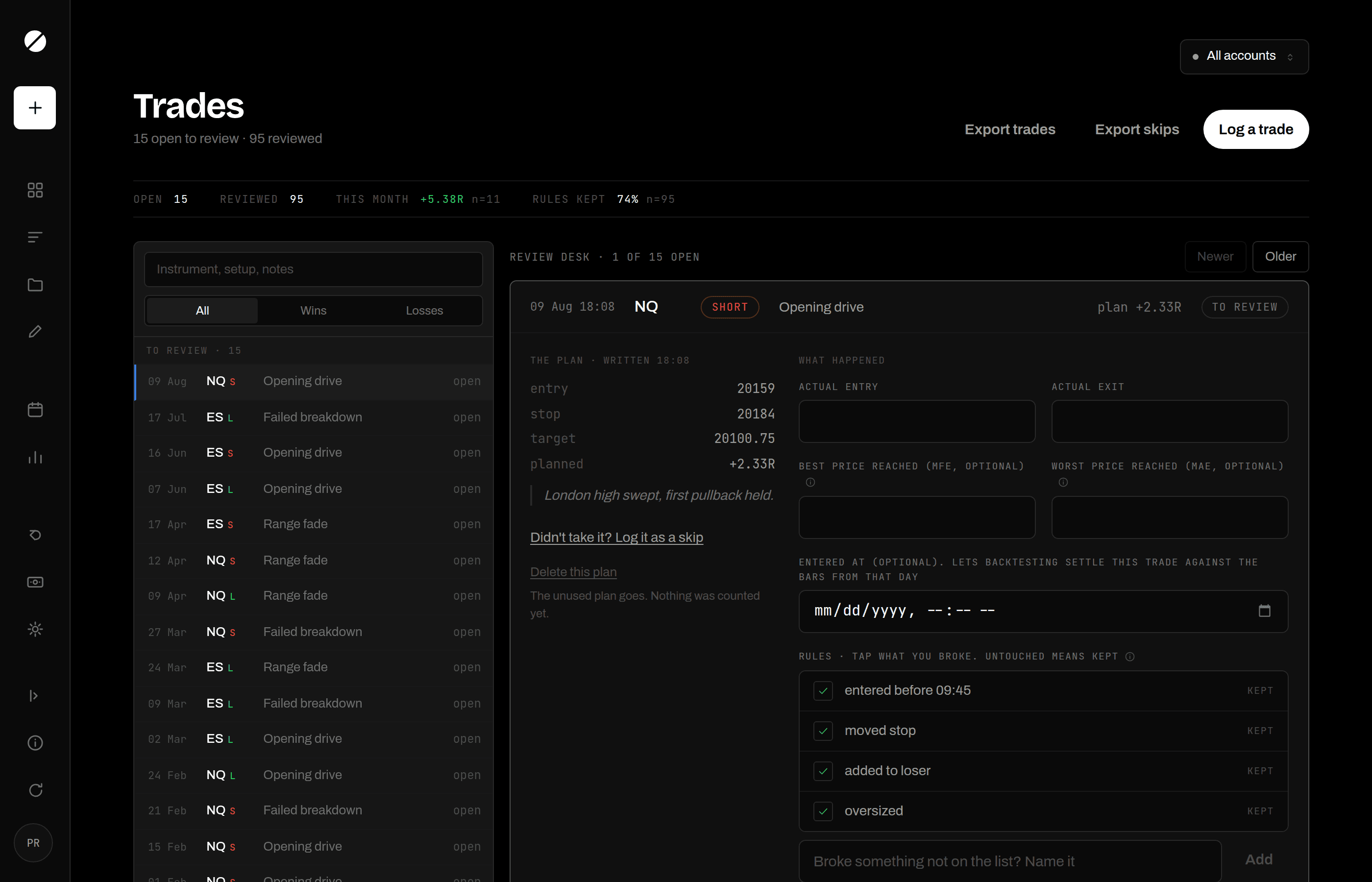 The trades tab with a record open: the blotter of every trade on the left, and the open trade's plan, review and rules checklist on the right